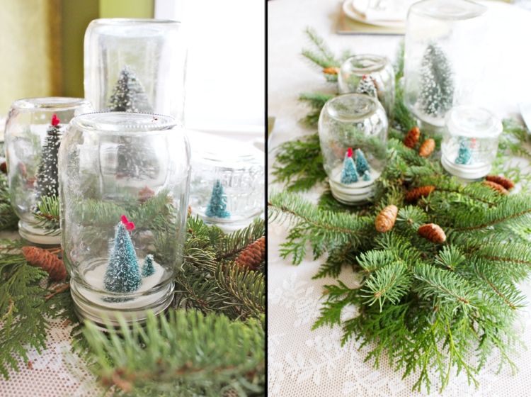Faceți globuri de zăpadă de Crăciun din borcane de zidărie decoratiuni de masa de Craciun glob de zapada diy mason borcan ramuri de brad