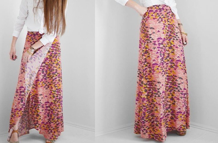 Fustă înfășurată de cusut-idee-începător-roz-ton-model-geometric