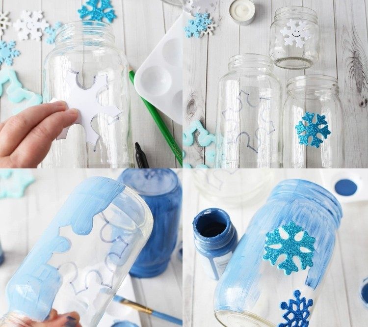 Felinar de iarnă realizat din borcan de gem și cu motive fulgi de zăpadă