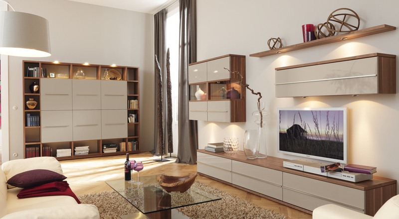 Sistem de perete cu iluminare în camera de zi - practic și elegant Idei de depozitare pe perete Biblioteci Dulapuri de perete Covor Shaggy Living Room