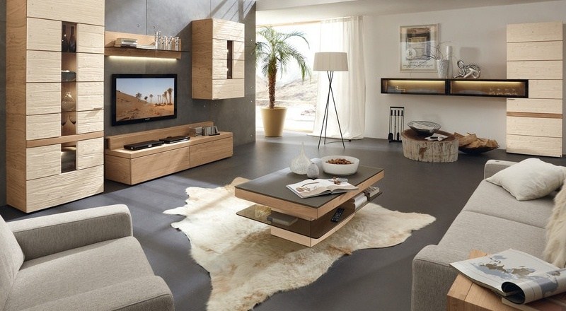 Mobilați camera de zi cu mobilier din lemn de stejar - perete și bufet Idei perete camera de zi lemn real stejar luminos living modern amenajat