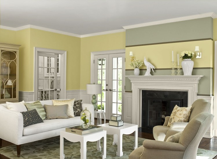 combinație frumoasă cu gri deschis, galben pastel și verde salvie Culori perete sufragerie 2015 gri-deschis verde-pastel galben-alb-mobilier