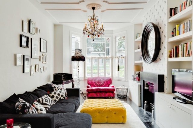 Captură de ochi în galben strălucitor și roz cu peretele decorativ decorat cu accent accentuat mobilier-eclectic-obiecte-moderne-obiecte-colorate-mobilier-imagine-perete