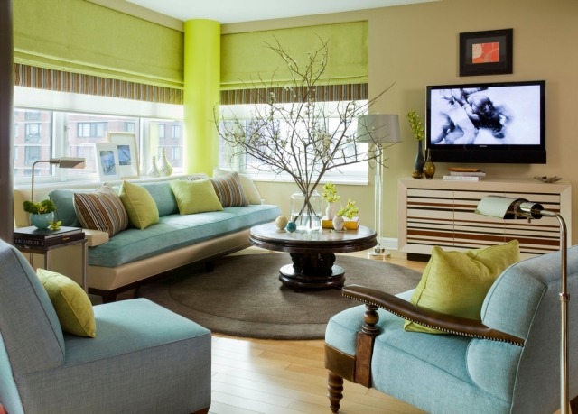 Design de cameră de zi cu mobilier verde - combinabil versatil - albastru deschis Design cameră de zi-albastru deschis-verde măsliniu-combina-confortabil