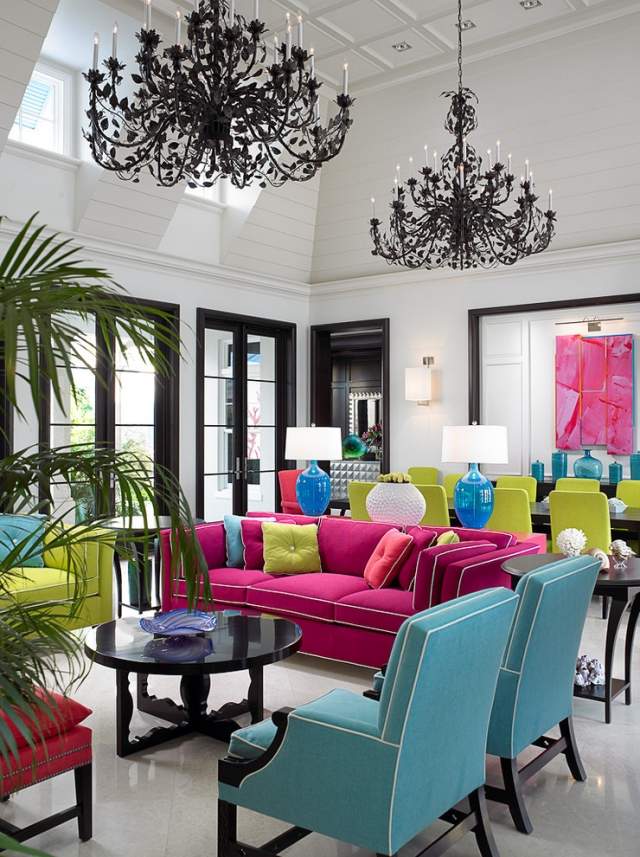 Mobilier de sufragerie colorat în culori neon - candelabre și rame negre elegante mobilier-colorat-puternic-roz-verde-zona-de-living-masa-de-masa-candelabru-negru