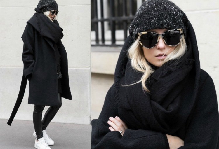 esarfa neagra XXL, haina oversize si adidasi albi xxl-eșarfă-neagră-monocromă-supradimensionată-haină-albă