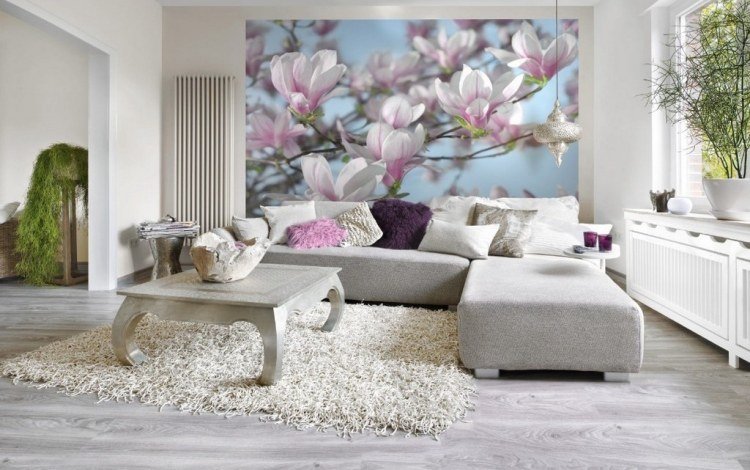 Fototapet Magnolia înflorește și vopsea de perete gri deschis sufragerie-culoare-design-fotografie-tapet-magnolia-flori-crem-alb-perete-vopsea