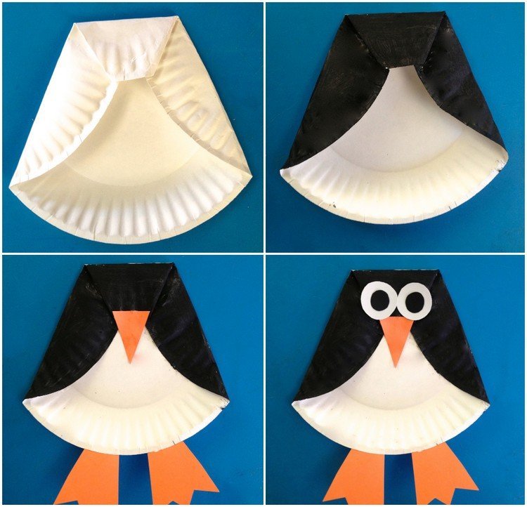 Pinguin Tinker cu copii din instrucțiunile plăcii de hârtie