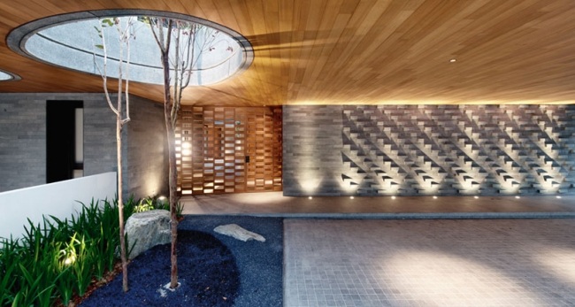 modernă casă unifamilială intrare curte colț de lemn perete de granit casă unifamilială intrare curte colț de lemn zid de granit